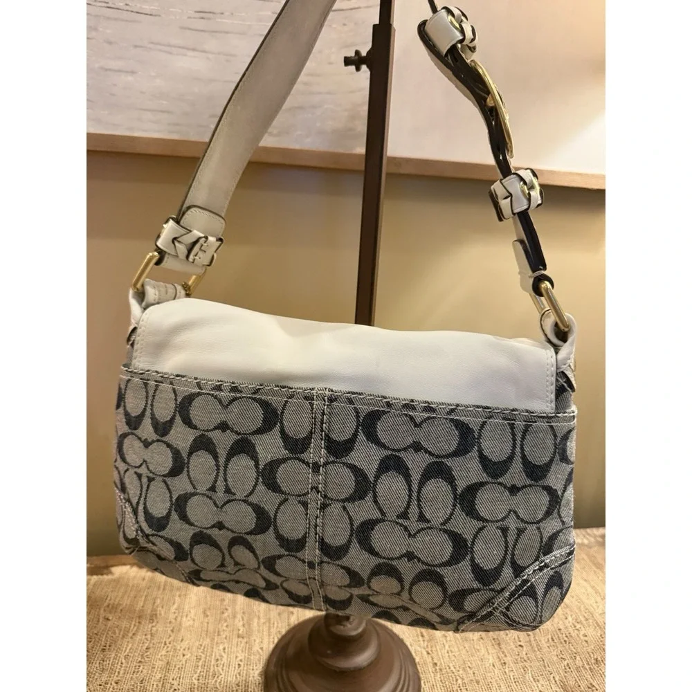 Vintage Coach Bleecker Denim Signature White Leather Trim Flap Bag Satchel 11772